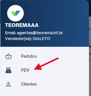 Vendor APP exibindo o menu PDV liberado conforme o parâmetro pdv_menu_access