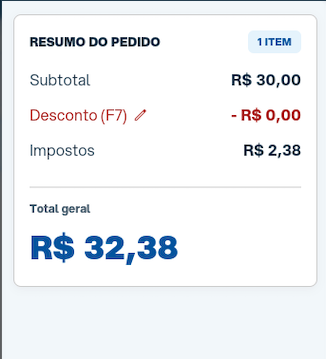 Painel Resumo do pedido do PDV com Subtotal, Desconto (F7), Impostos e Total geral