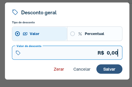 Modal de Desconto geral do PDV com as opções Percentual e Valor e os botões Zerar, Cancelar e Salvar