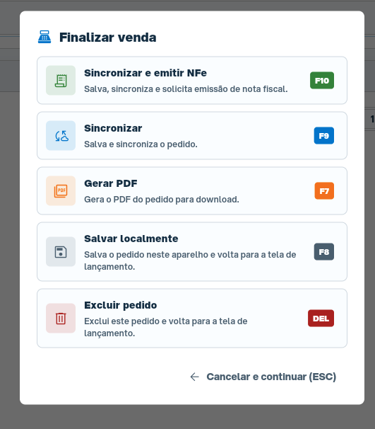 Janela de finalização da venda do PDV com as opções Sincronizar e emitir NF-e, Sincronizar, Gerar PDF, Nova venda, Excluir pedido e Cancelar e continuar