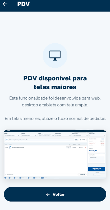 Visão geral da tela do PDV no Vendor APP, com os painéis de dados da venda, busca de itens, carrinho e resumo do pedido